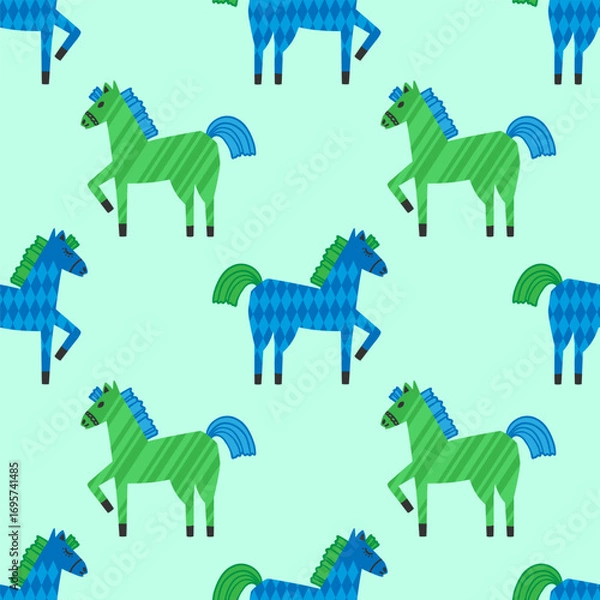 Fototapeta A pattern wit blue and green horse with mane. Happy Lunar Chinese New Year 2026 greeting card, banner. Animal zodiac character isolated on white background