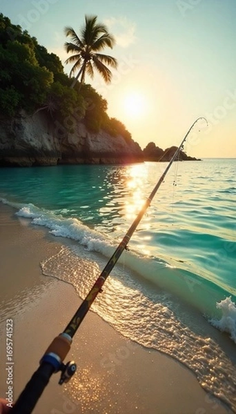 Fototapeta Golden hour casts a warm glow on a tranquil beach scene, fishing rod poised over calm turquoise waters A perfect day for a relaxing fishing trip by the sea , recreation, nature, fish