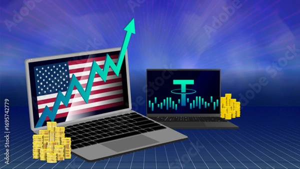 Fototapeta Vector 3d mobile computers. Up arrow. Virtual stable coin. Gold money. Business poster. High technology and economics. Flag of United States of America