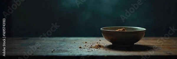 Fototapeta Empty bowl, crumbs on a table, dim lighting evokes feelings of loneliness and emptiness, suggesting the physical and emotional weight of depression and hunger , hunger, utensils