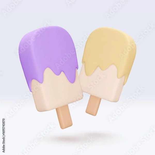 Fototapeta White vanilla Ice cream with purple and yellow glaze, icon, 3d render. Design elements. Realistic Sweet fast food icon. Vector illustration isolated on white for menu, shop, flyer, banner, web, adv