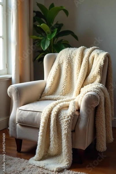 Fototapeta Cozy, soft blanket draped over a plush armchair, inviting warmth and comfort on a chilly day Perfect for relaxation and a peaceful atmosphere , sweet, soft