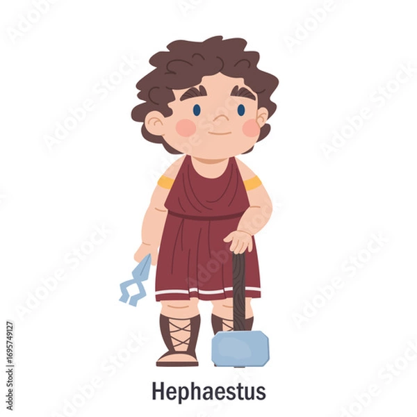 Obraz Ancient Greek god Hephaestus. Character of the Olympic god of fire and blacksmithing. Deity with a hammer and blacksmith tongs. Cartoon character of pagan religion, European mythology