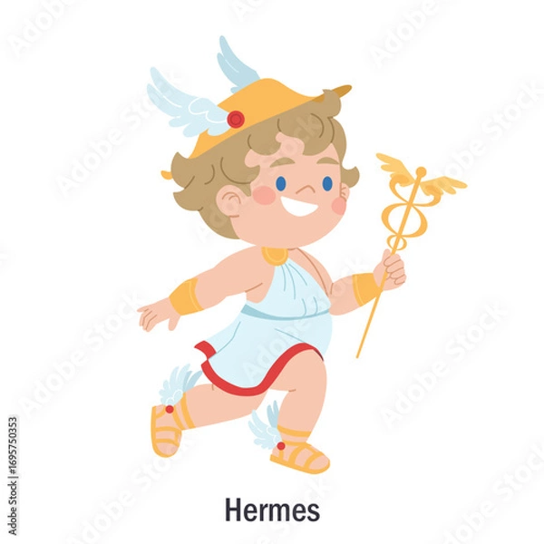 Obraz Ancient Greek god Hermes. Character of the Olympic god of trade and eloquence. Deity with winged sandals, hat and scepter with snakes. Cartoon character of pagan religion, European mythology