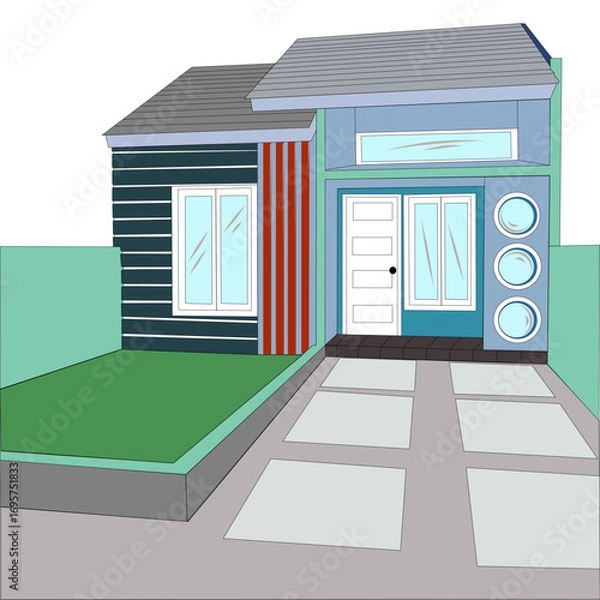 Fototapeta Minimalist modern house vector illustration with front yard, clean lines, glass windows, and simple architectural style perfect for property, construction, and real estate.
