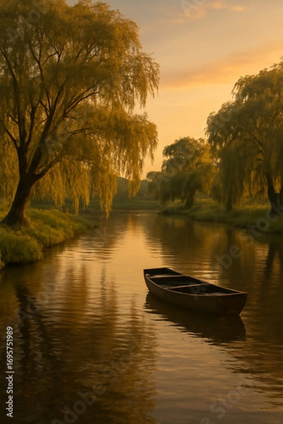 Fototapeta Serene Boat Floating on Calm River Surrounded by Willow Trees at Sunset