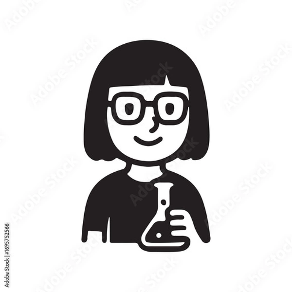 Fototapeta Smiling female scientist holding flask, focused on research.