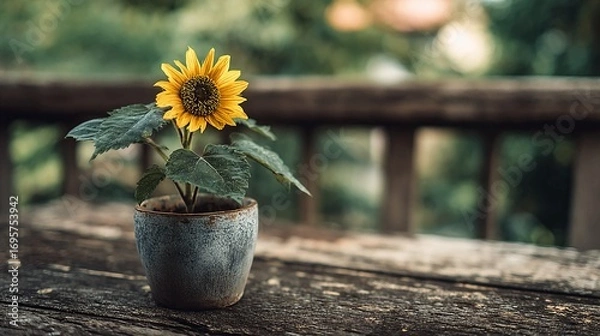 Fototapeta Small sunflower plant in a rustic pot on a wooden surface.