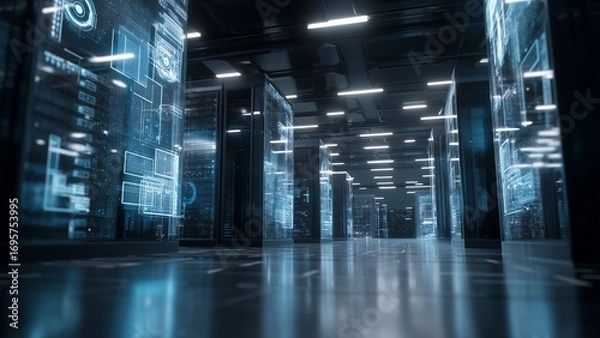 Fototapeta Futuristic Data Center with glowing servers