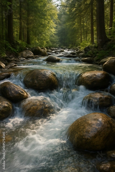 Fototapeta Tranquil Forest Stream Flowing Over Rocks in a Serene Natural Landscape
