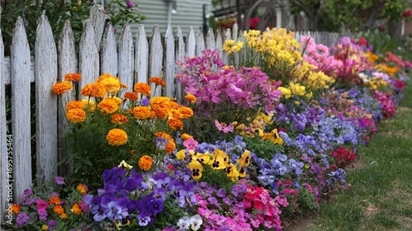 Fototapeta A vibrant flower bed with a variety of colorful blossoms growing alongside a rustic white picket fence.