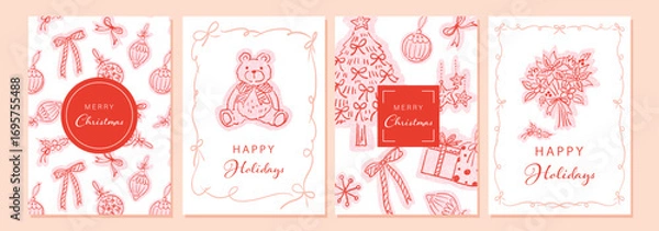 Fototapeta Christmas card set with cute hand-painted line art illustrations. Vector files included. Minimalist line art clipart perfect for cards, backgrounds, and posters.