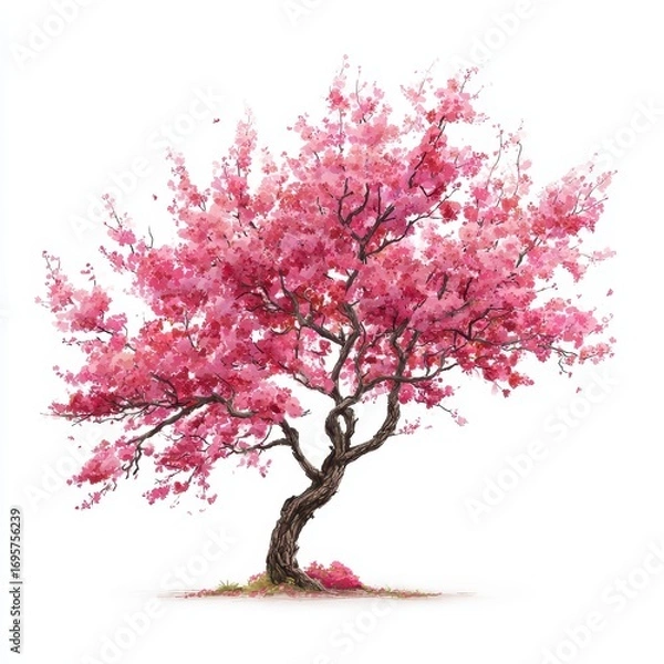 Fototapeta Vibrant Pink Blossom Tree with Lush Foliage and Twisted Branches