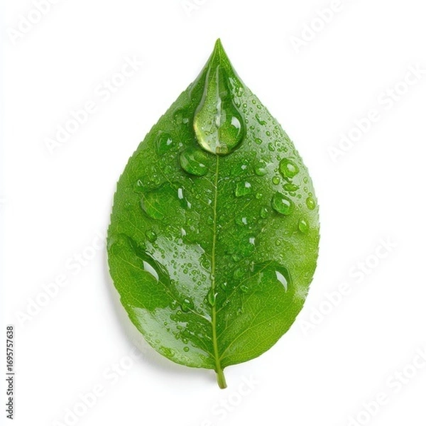 Fototapeta Close-Up of a Fresh Green Leaf with Water Droplets on Surface
