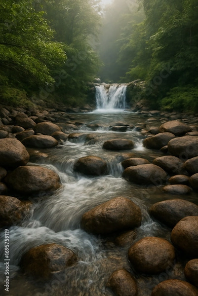 Fototapeta Peaceful Waterfall Surrounded by Forest Rocks in a Serene Nature Setting