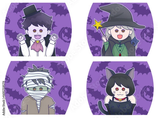 Fototapeta ハロウィン仮装（ヴァンパイア・魔女・ミイラ男・ネコ娘のコスプレ）紫