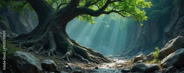 Fototapeta Ancient Gnarled Tree Roots Embrace Rocky Landscape, Suggesting a Mythical Beasts Slumber ? Dark, Mysterious Fantasy Image
