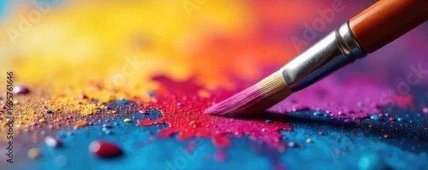 Fototapeta Paintbrush poised above vibrant canvas, ready to create.  A close-up image symbolizing artistic passion, limitless potential, and the exciting future of creative expression.
