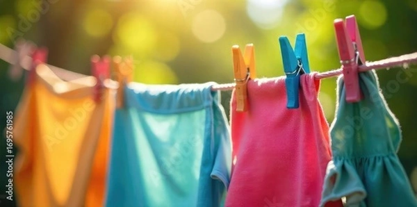 Fototapeta Vibrant Clothespins Secure Sun-Drenched Laundry on a Rustic Line - A Classic Summer Scene