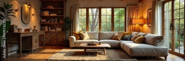 Fototapeta Relaxing Family Living Room with Warm Lighting, Comfortable Furniture, and Inviting Decor Perfect for Cozy Evenings and Quality Time at Home