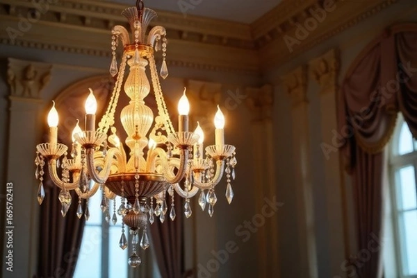Fototapeta Elegant Crystal Chandelier Illuminates Grand Room, Casting Warm Light on Ornate Classical Details. Perfect for Interior Design, Architecture, and Luxury Lifestyle Projects.