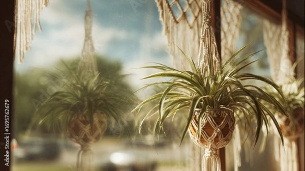 Fototapeta A vibrant spider plant in a handmade macrame hanger by a sunlit window, reflecting the outdoor scene.