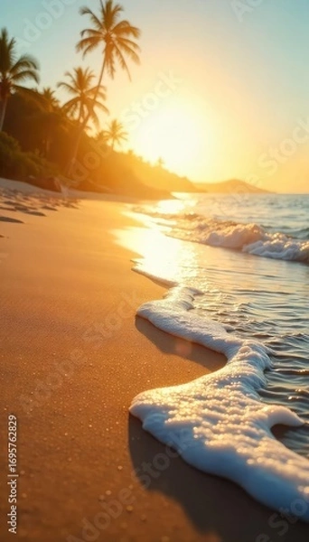 Fototapeta Golden Hour Beach Tranquil Waves Lap Smooth Sand, Creating a Serene Summer Scene Perfect for Travel, Vacation, and Relaxation-Themed Projects.