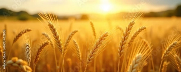 Fototapeta Golden Wheat Field Shimmering in Summer Sun Rustic Idyllic Landscape, Gently Swaying Stalks, Perfect for Backgrounds and Textures
