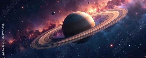 Fototapeta Saturns Majestic Rings Dominate a Breathtaking Cosmic Landscape of Nebulae, Galaxies, and Distant Starlight, Creating a Mysterious and Wonderous Celestial Masterpiece.