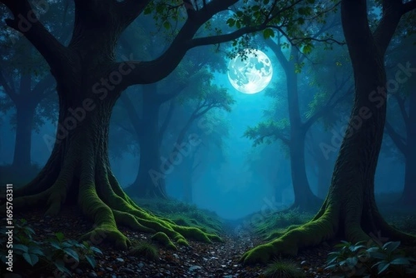 Fototapeta Serene Moonlight Illuminates Ancient Forest at Night A Mysterious and Magical Nature Scene Perfect for Fantasy, Mystery, or Nature Projects