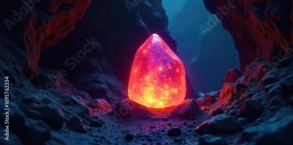 Fototapeta Glowing Stone Illuminates Dark Cave, Creating Enchanting Mystical Atmosphere; Perfect for Fantasy, Magic, and Esoteric Designs