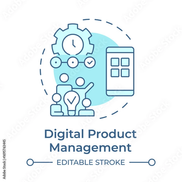 Fototapeta Digital product management soft blue concept icon. Smartphone app, teamwork organization. Round shape line illustration. Abstract idea. Graphic design. Easy to use in infographic, presentation