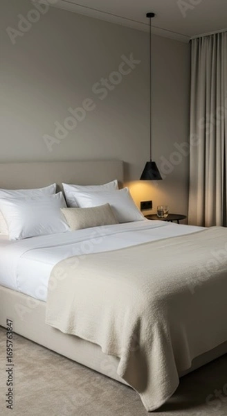 Fototapeta Modern hotel bedroom with a large bed and city view from the window. Luxury accommodation for travel and relaxation for guests with soft ambient light, minimalistic decor.	
