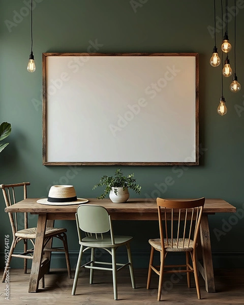 Fototapeta Cozy dining room interior with rustic wooden table chairs and large blank canvas on wall ready for artwork creation or design mockup
