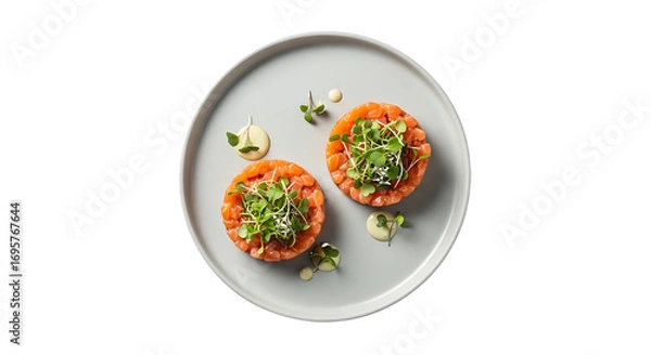Fototapeta Salmon Tartare with Microgreens isolated on a transparent background