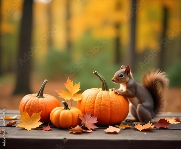 Fototapeta Pumpkins and autumn leaves on a wooden table, with a squirrel and a forest in the background, warm colors, fall season