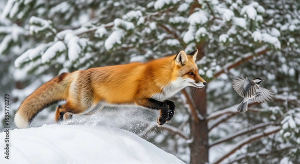 Obraz Fox Running in Snowy Forest Chasing Bird