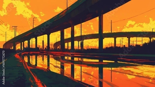 Fototapeta Urban Scenery at Sunset: Highway Reflections in the Aftermath of a Storm
