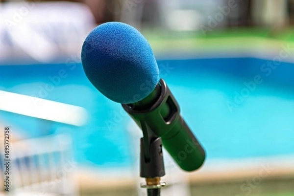 Fototapeta This is an image of a microphone with a blue foam cover on the top