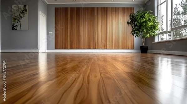 Fototapeta Reflections on Polished Wood Floor in Minimalist Room with Natural Light