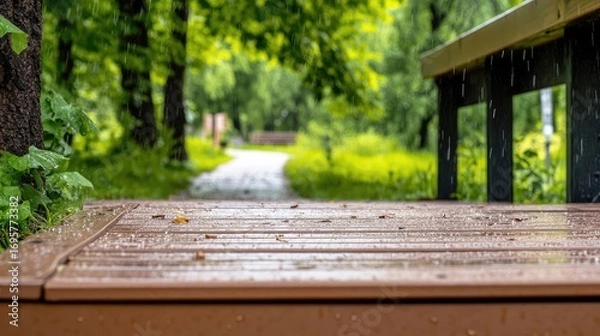 Fototapeta Rainy day in a serene park offering a peaceful and tranquil escape