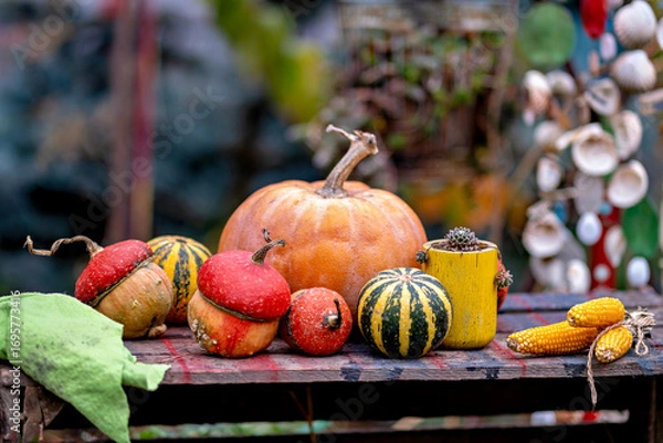 Fototapeta This image features a collection of pumpkins and gourds arranged on a table