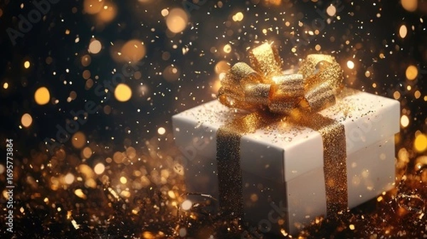 Fototapeta Elegant Gift Box with Golden Ribbon amidst Sparkling Confetti Atmosphere