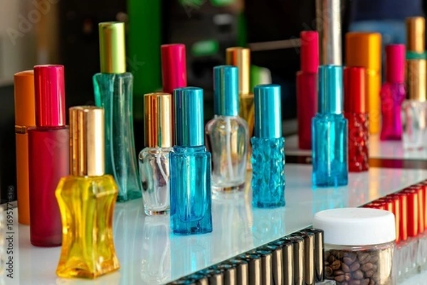 Fototapeta This image shows a collection of perfume bottles displayed on a shelf
