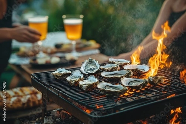 Fototapeta Grilled oyster shells cooking over open flame on barbecue grill with blurred background of people holding glasses and food on wooden table creating warm outdoor gathering atmosphere