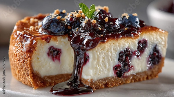 Fototapeta Hyper-Realistic Close-Up of Gourmet Blueberry Cheesecake with Creamy Filling and Glossy Jam in Soft Natural Lighting