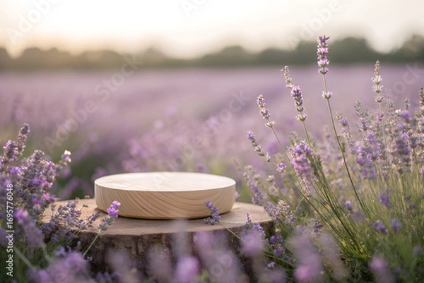 Fototapeta Round wooden podium standing in a lavender field at sunset. Natural background mockup for beauty, skincare, cosmetics, aromatherapy, and wellness product presentations.