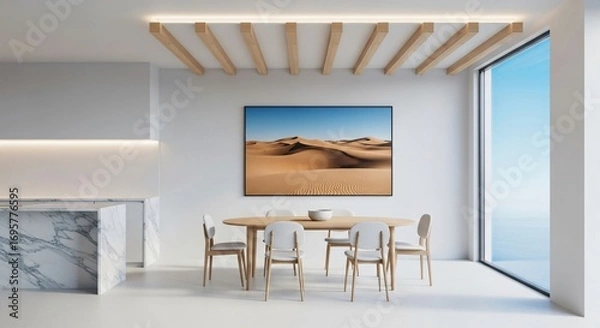 Fototapeta Modern Dining Space with Desert Art and Ocean View