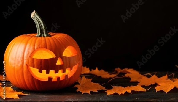 Fototapeta Halloween pumpkin on black background with space for text.