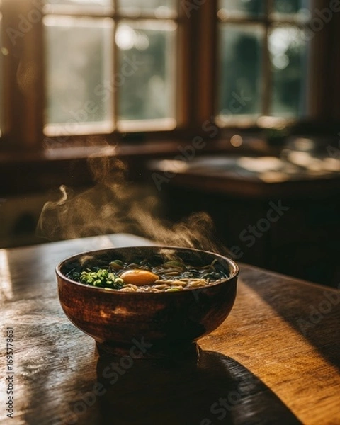 Fototapeta Bowl Of Steaming Ramen With Sunny Window Light
